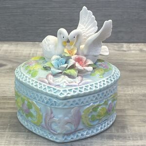 Greenbrier Intl Porcelain Swans Floral Heart-shaped Trinket Box Swans